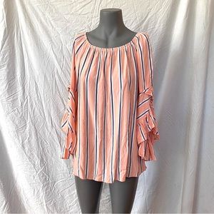 Fever Ruffle Sleeve Top, Off-Shoulder, Size Medium, Peach Stripe Print